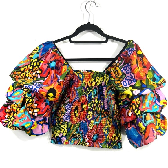 Live 4 Truth Multi Color Vacation Crop Top Puffy Sleeve Large - Picture 7 of 9